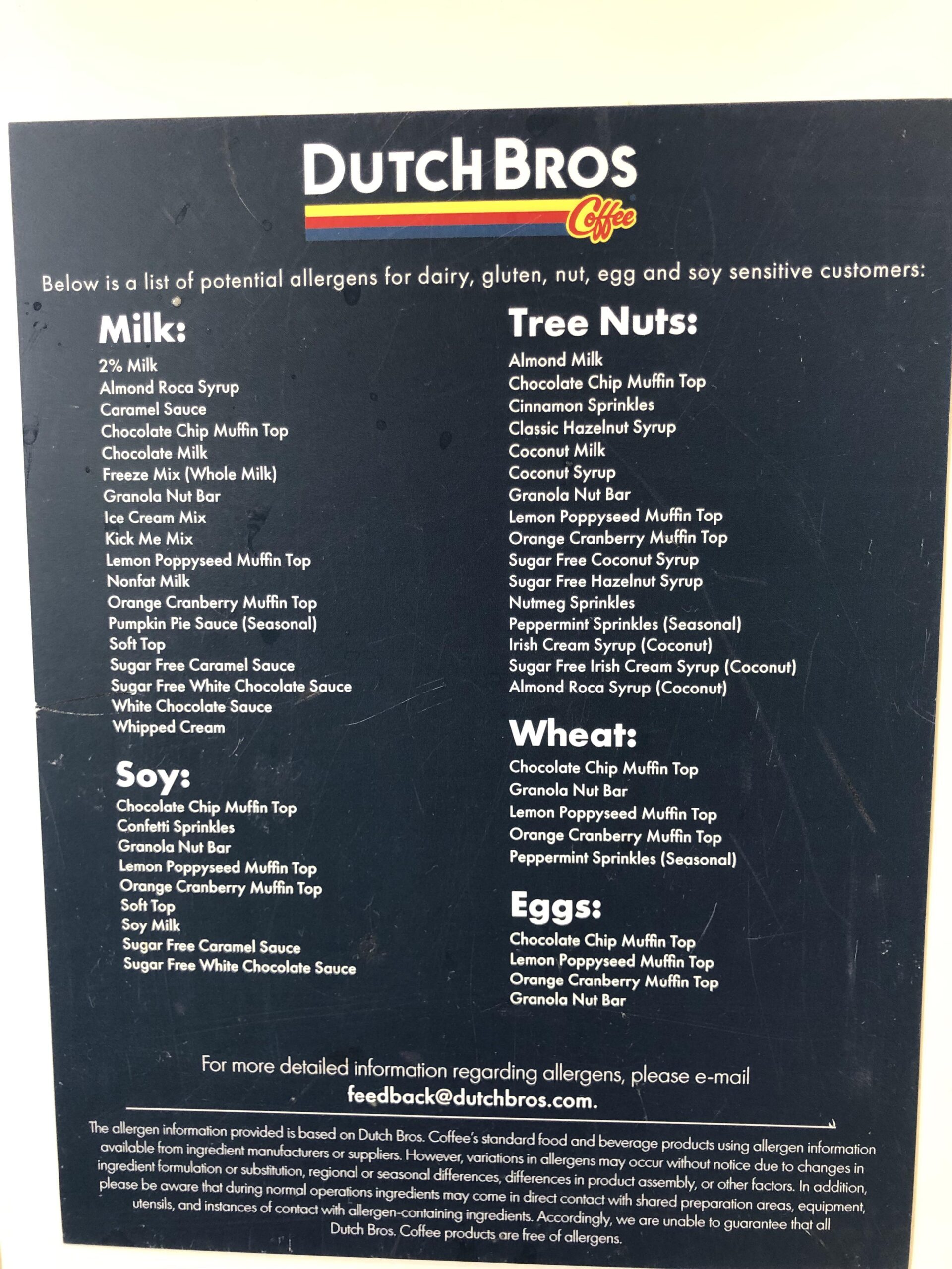 Dutch Bros Allergen Menu